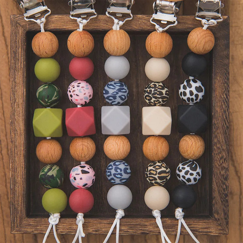 Wooden Silicone Beaded Pacifier Clip